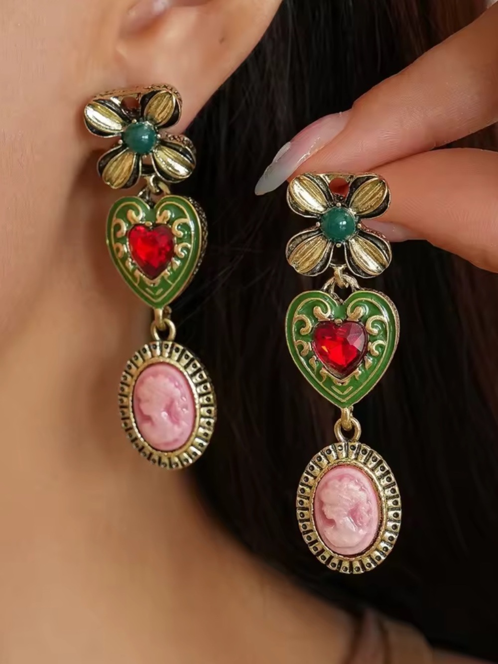 New Gold-Tone Floral Heart Drop Earrings with Green, Red and Pink Accents
